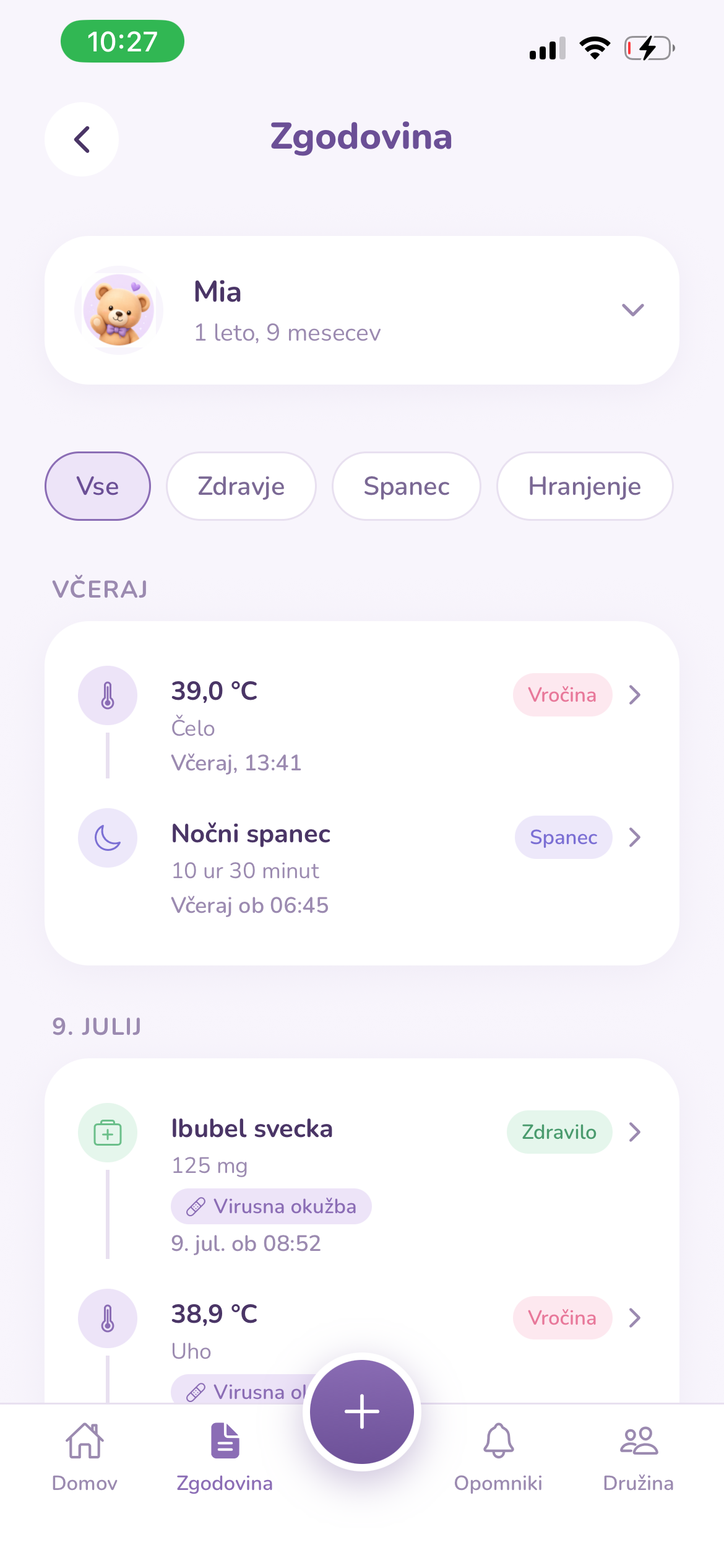 Zgodovina zapisov v aplikaciji