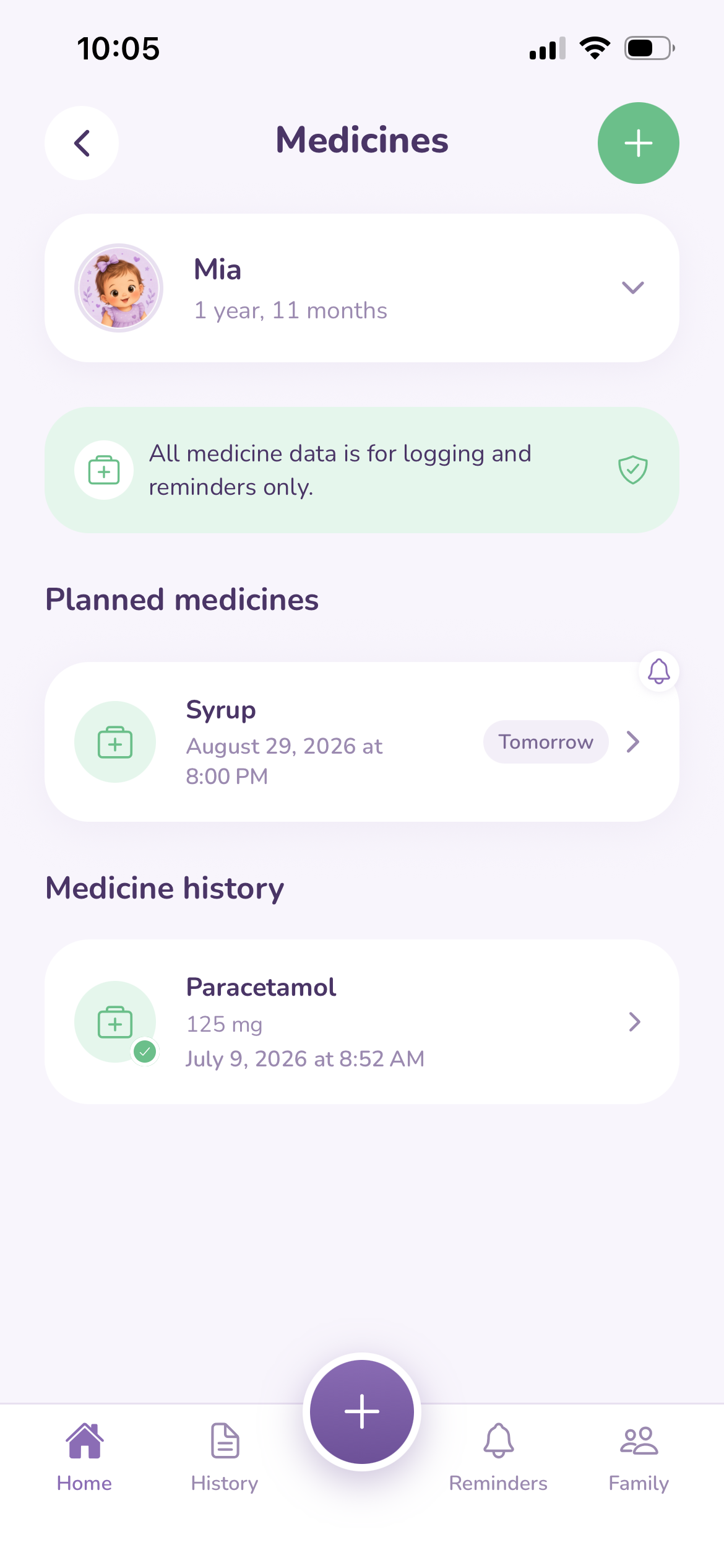 Medicine reminders and history in the app