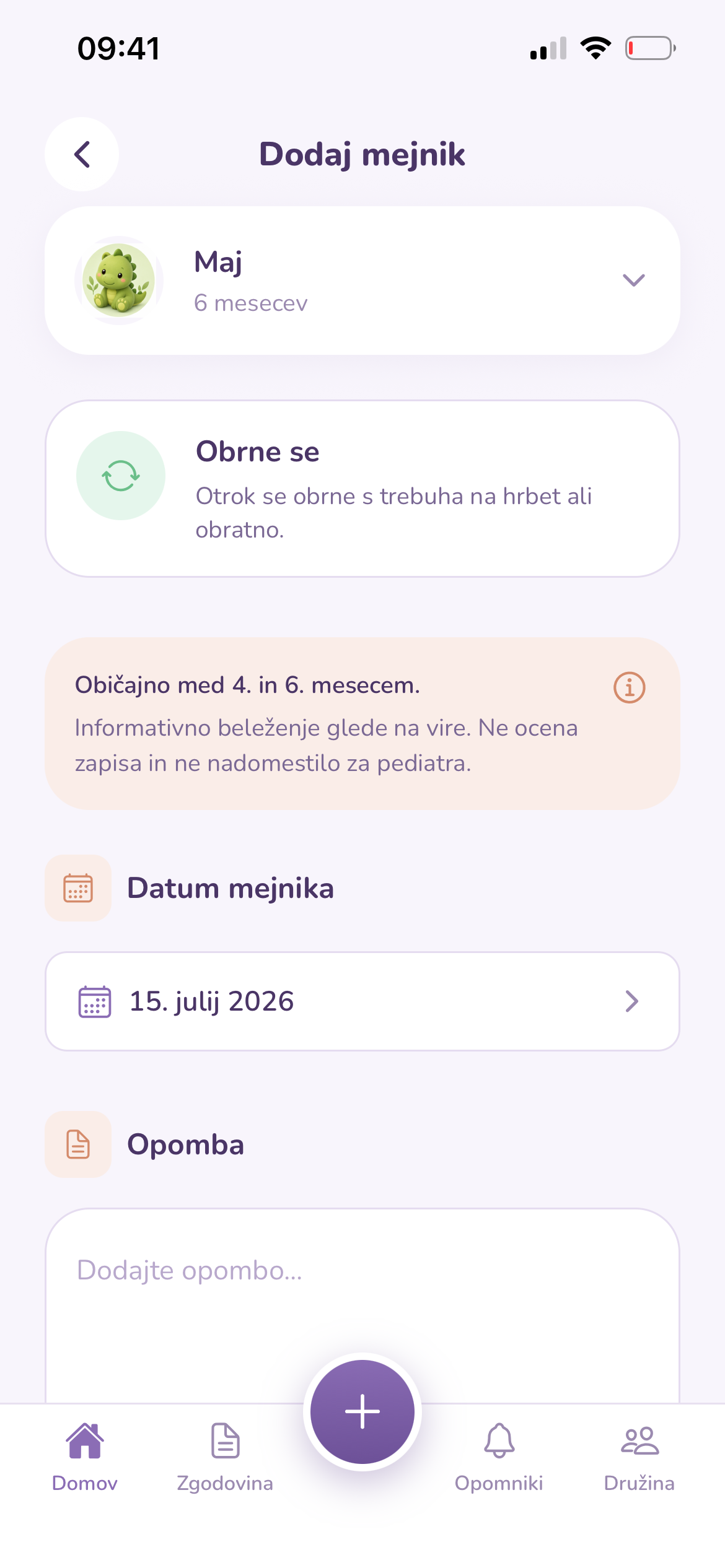 Informativni starostni razponi razvojnih mejnikov v aplikaciji