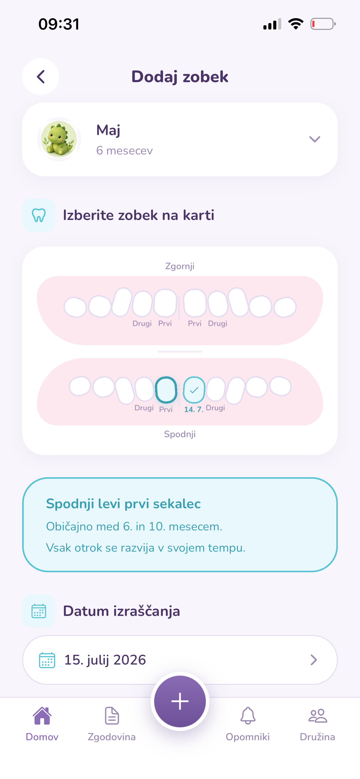 Informativni okvir izraščanja mlečnih zobkov v aplikaciji